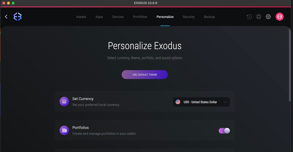 Enable different portfolios in Exodus Desktop. Settings