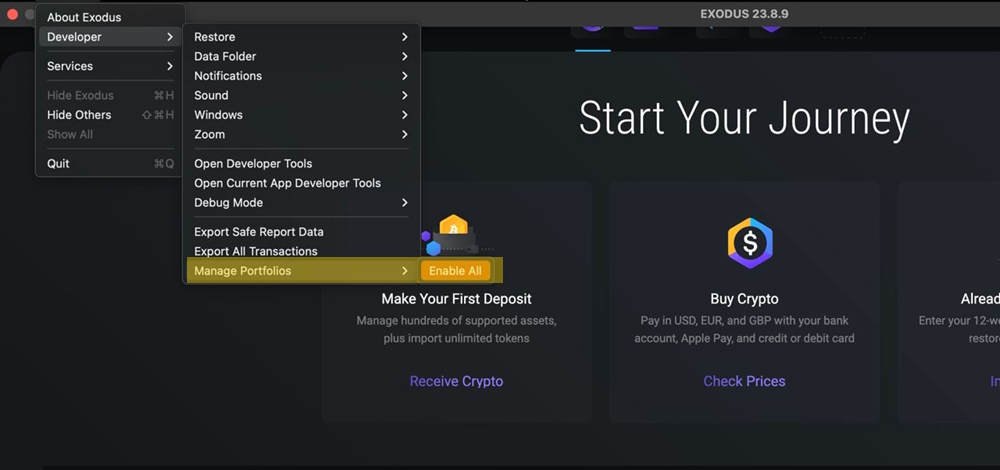 Enable different portfolios in Exodus Desktop